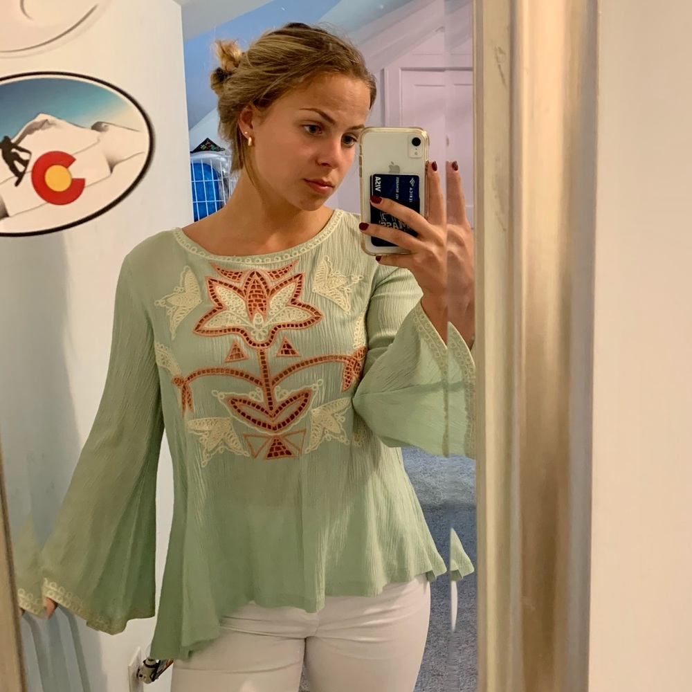 Embroidered teal flowy top